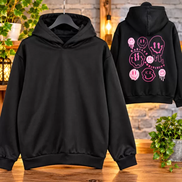 Kapuzenpullover Schwarz – Größe M – Pinkfarbener Rückenaufdruck